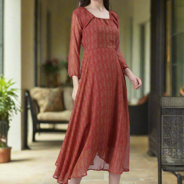 Souchii Rust Orange Printed Fit & Flare Dress