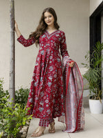 Thumbnail for The52 Maroon Women's Gorgeous Rayon Fabric Printed Work Flared Kurta, Pant and Dupatta Set - Distacart