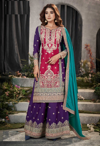 Aarshi Fashions Pink Chinon Heavy Embroidery Chinon Salwar Palazzo Suit