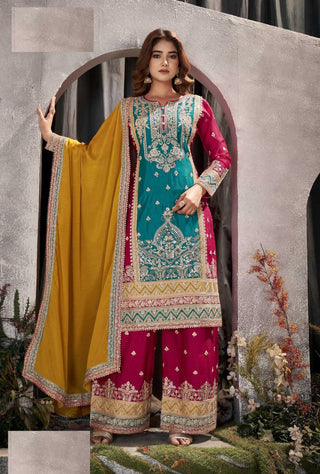 Aarshi Fashions Blue Chinon Heavy Embroidery Chinon Salwar Palazzo Suit