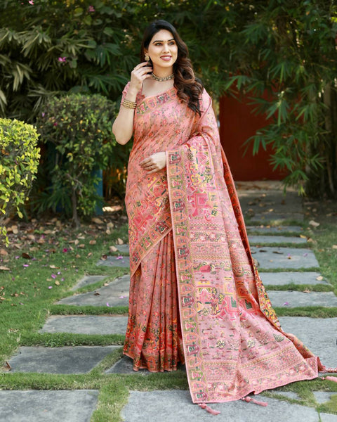Vastranavya Luxury and Beautiful Soft, Smooth, Flowing Original Pashmina Soft Cotton Saree with Matching Blouse Fabric - Peach - Distacart