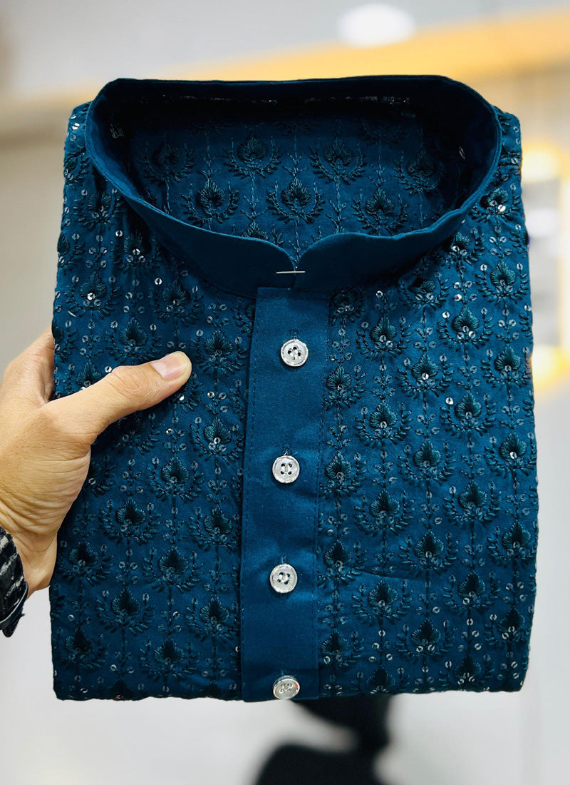 Prazu Fashion Royal Blue Rayon Embrodered Kurta With Pajama