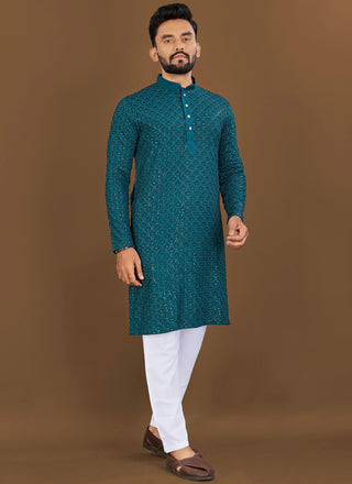 Prazu Fashion Royal Blue Rayon Embrodered Kurta With Pajama
