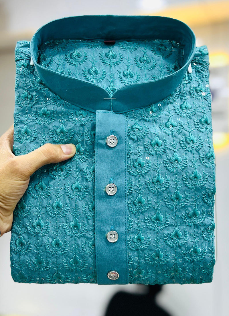 Prazu Fashion Turquoise Rayon Embrodered Kurta With Pajama