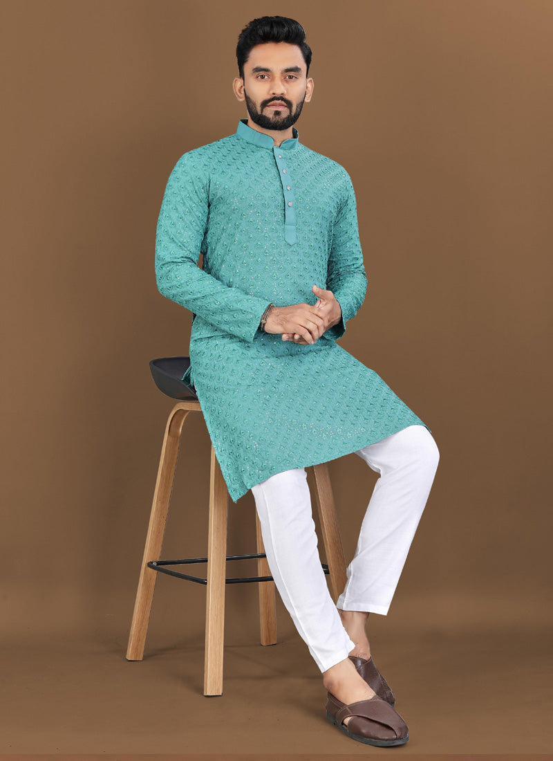 Prazu Fashion Turquoise Rayon Embrodered Kurta With Pajama