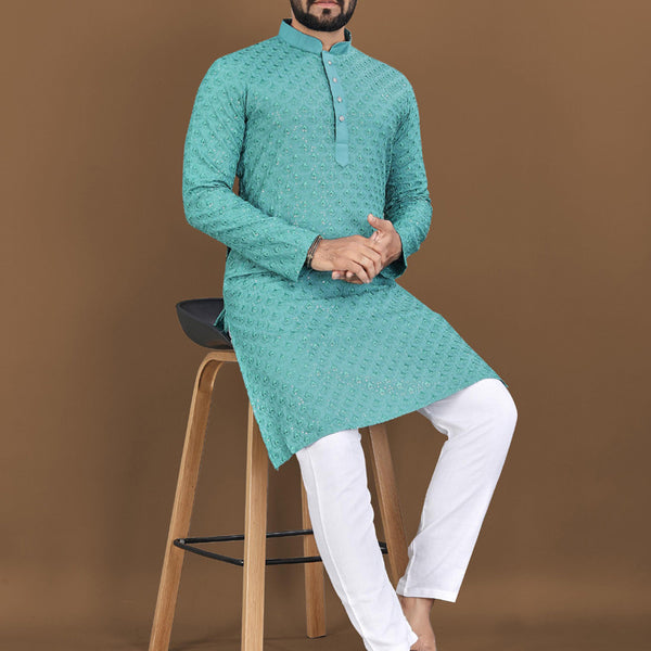 Prazu Fashion Turquoise Rayon Embrodered Kurta With Pajama