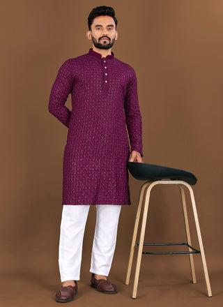 Prazu Fashion Wine Rayon Embrodered Kurta With Pajama