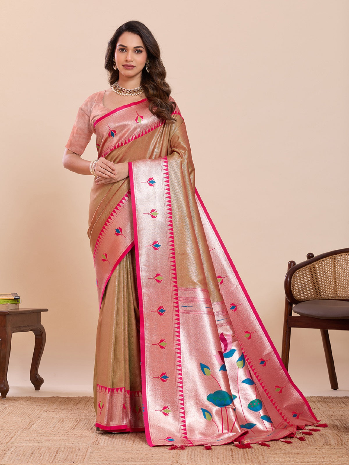 Dwija Fashion Beige Wedding Wear Woven Lotus Motif Work Pure Soft Silk Saree With Unstitched Blouse - Dista