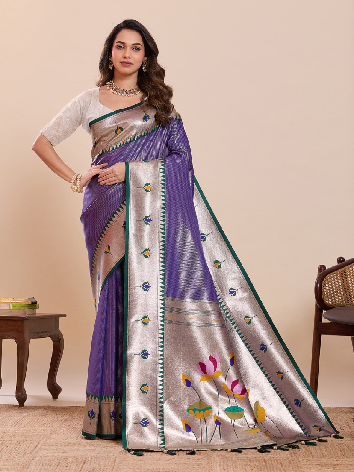 Dwija Fashion Blue Wedding Wear Woven Lotus Motif Work Pure Soft Silk Saree With Unstitched Blouse - Dista