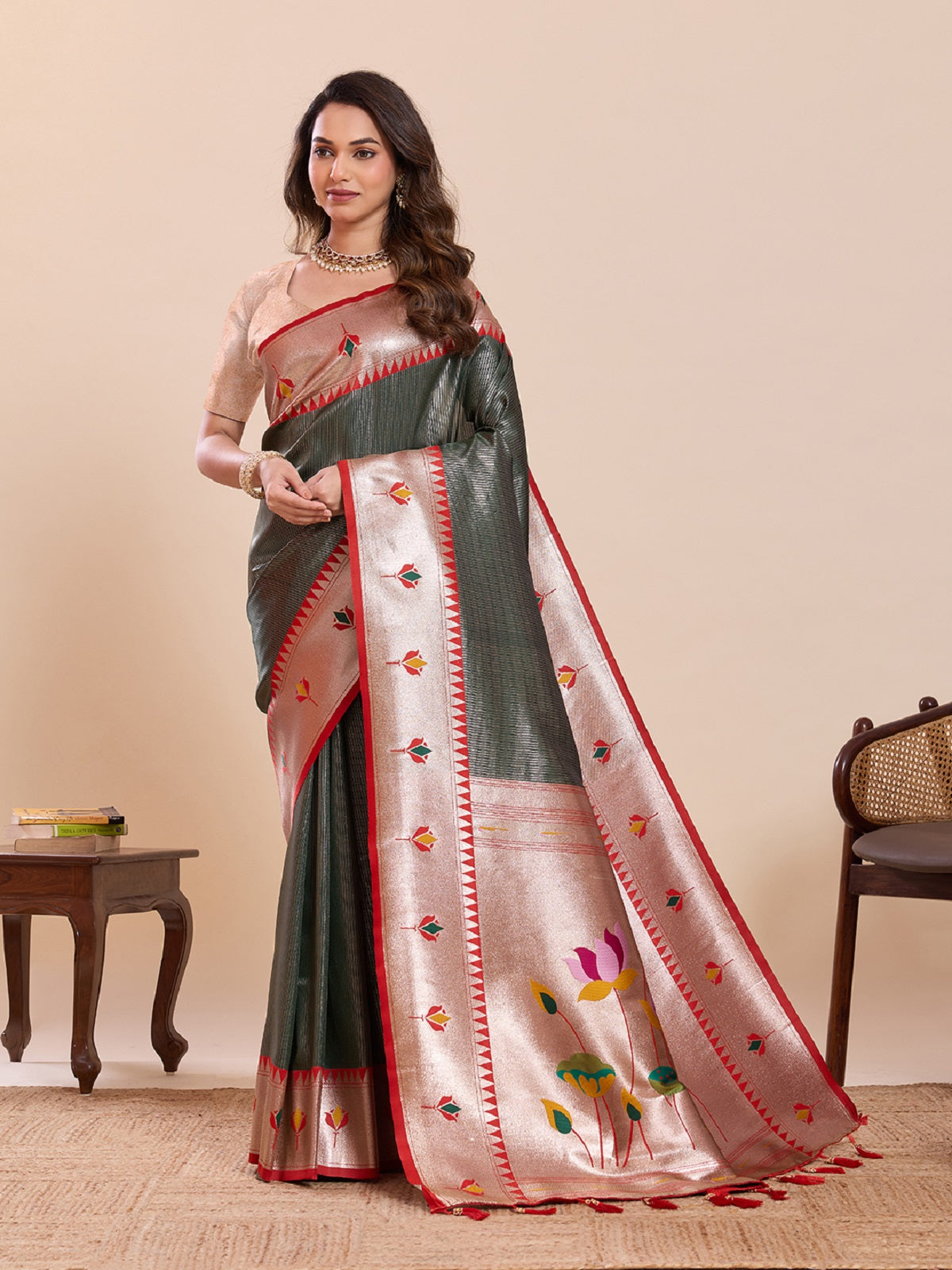 Dwija Fashion Deep Green Wedding Wear Woven Lotus Motif Work Pure Soft Silk Saree With Unstitched Blouse - Dista