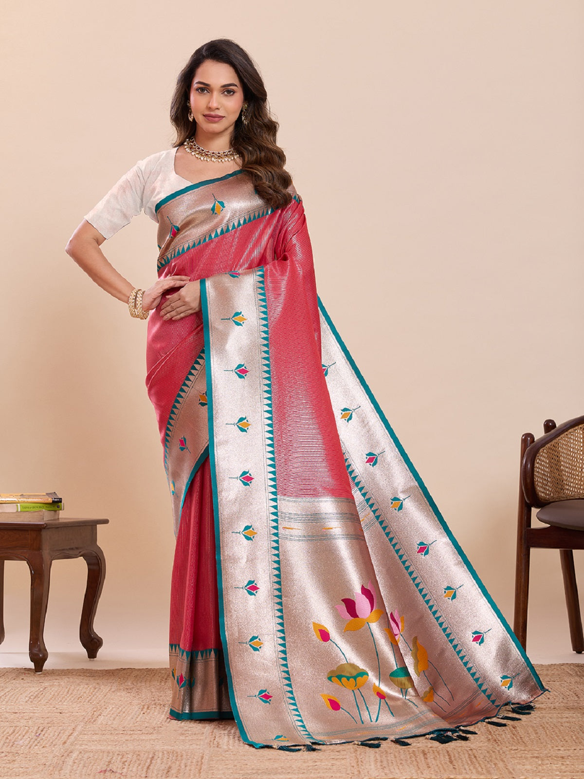 Dwija Fashion Red Wedding Wear Woven Lotus Motif Work Pure Soft Silk Saree With Unstitched Blouse - Dista