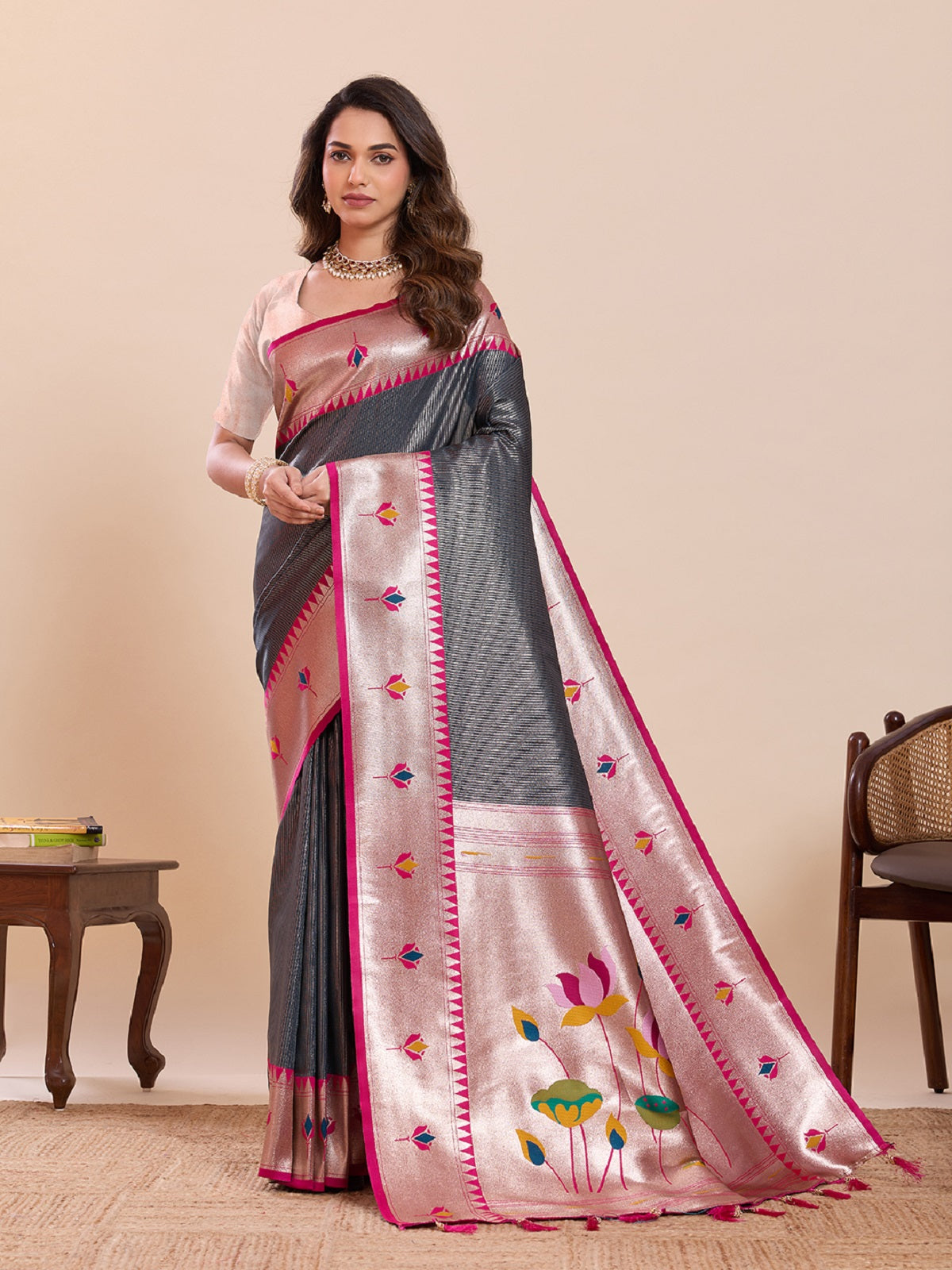 Dwija Fashion Grey Wedding Wear Woven Lotus Motif Work Pure Soft Silk Saree With Unstitched Blouse - Dista
