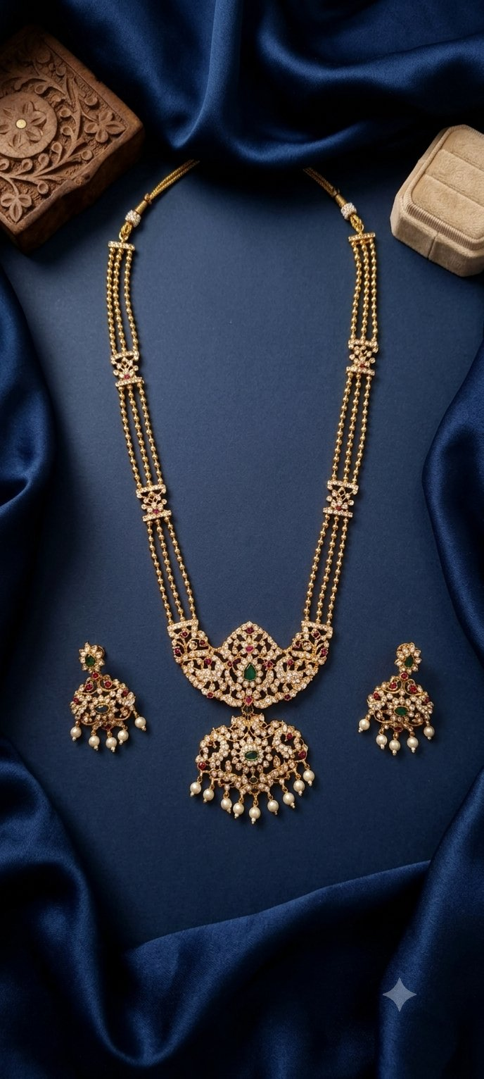 Jewel City Gold Plated Kundan Necklace Set With Green Gems & Pearls|Wedding Jewelry - Dista