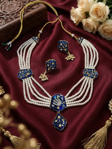 Jewel City Blue Meenakari Pearl Necklace Set|Kundan Ethnic Wedding Jewelry Set - Dista