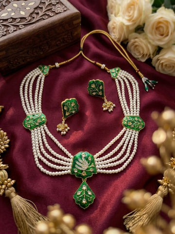 Jewel City Green Meenakari Pearl Necklace Set|Kundan Ethnic Wedding Jewelry Set - Dista