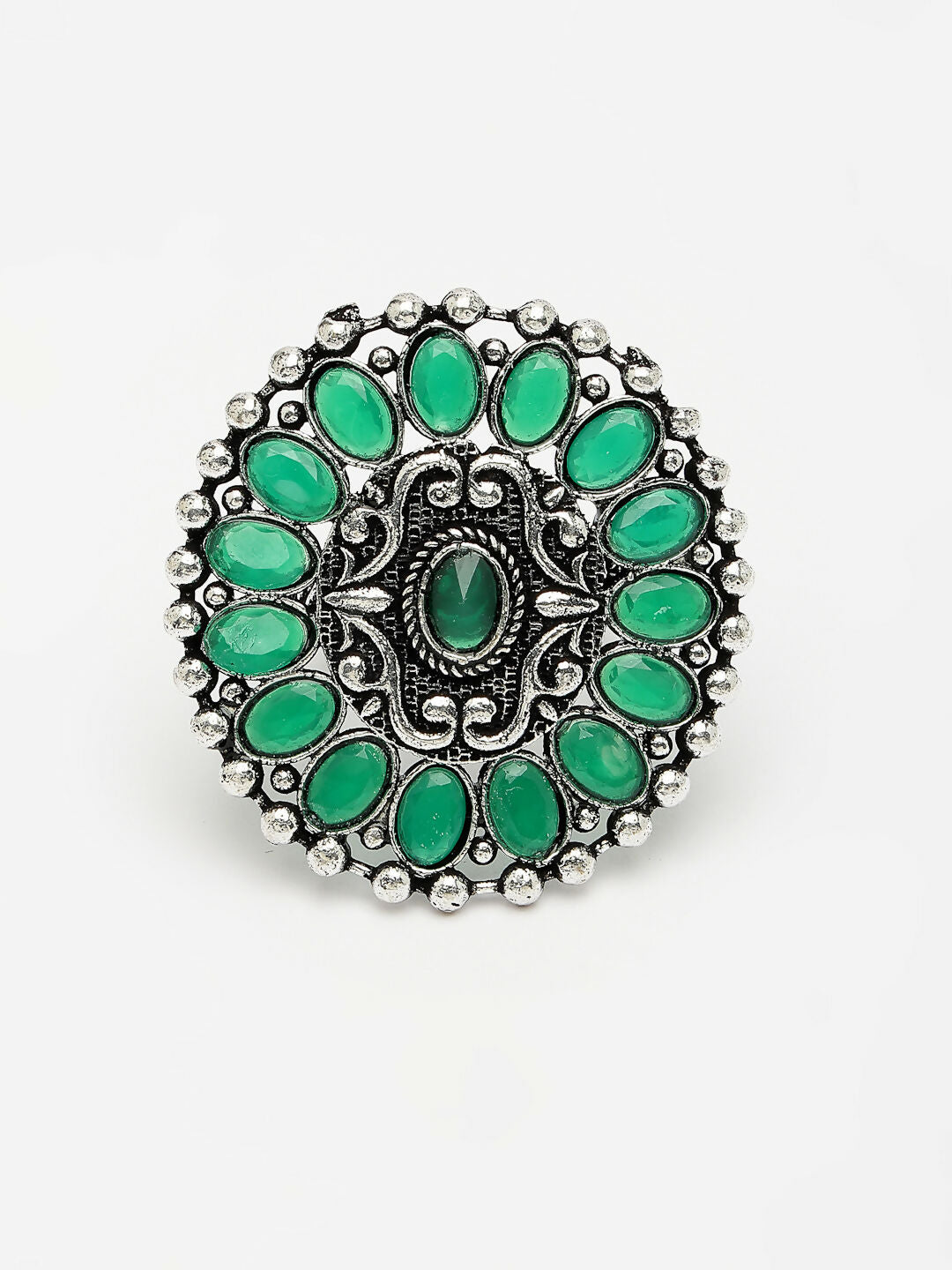 NVR Women's Green Silver-Plated Circular Shape Adjustable Finger Ring - Distacart
