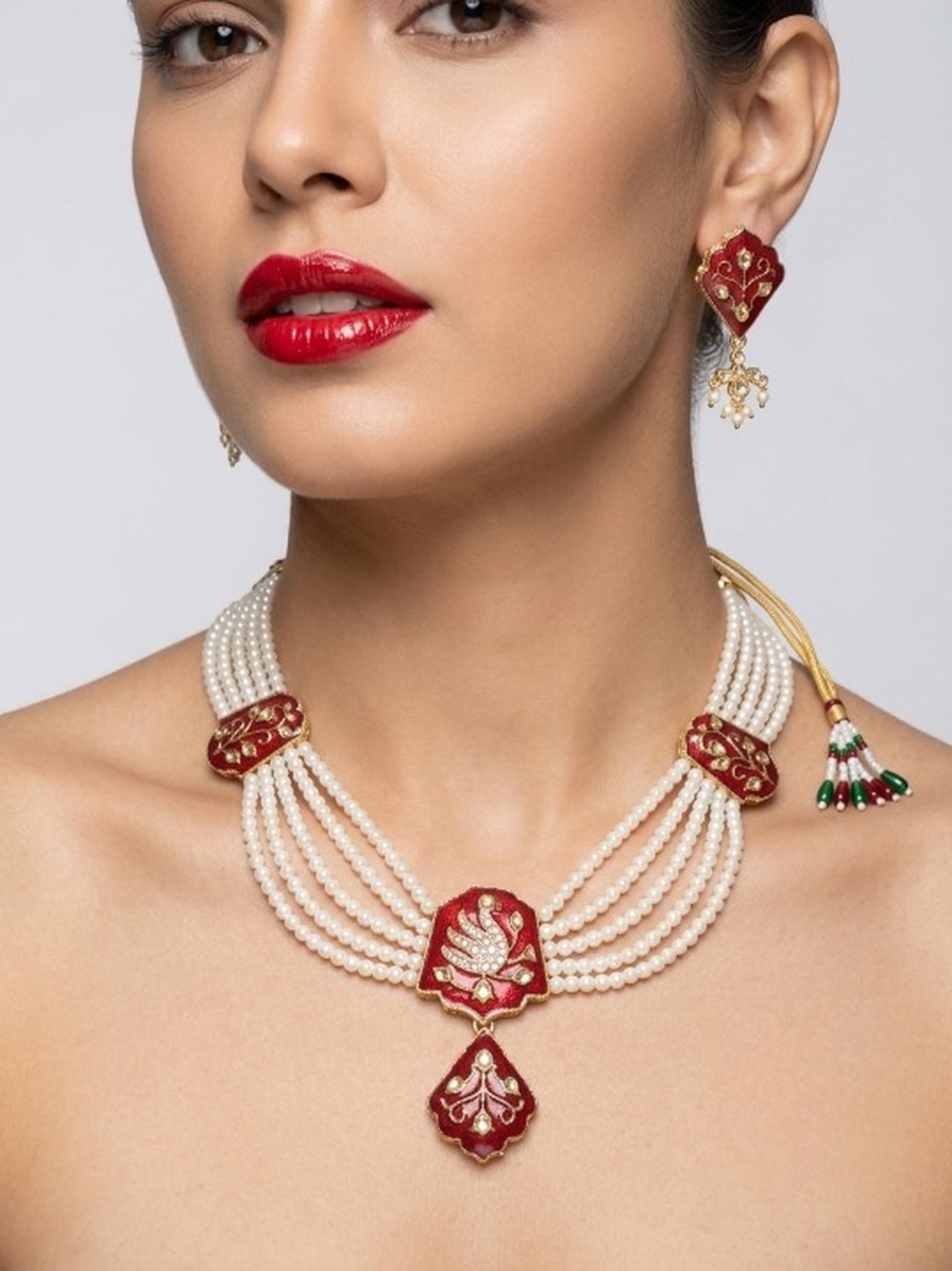 Jewel City Red Meenakari Pearl Necklace Set|Ethnic Indian Choker For Wedding - Dista