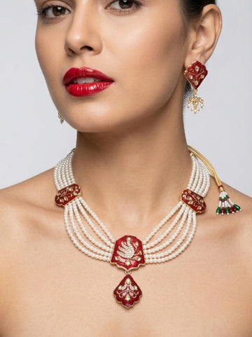 Jewel City Red Meenakari Pearl Necklace Set|Ethnic Indian Choker For Wedding - Dista
