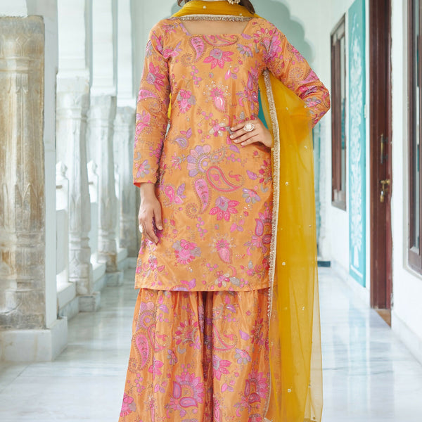 Joban Fashion Yellow Chinnon Embroidery Sequence Work Readymade Kurta Set - Distacart