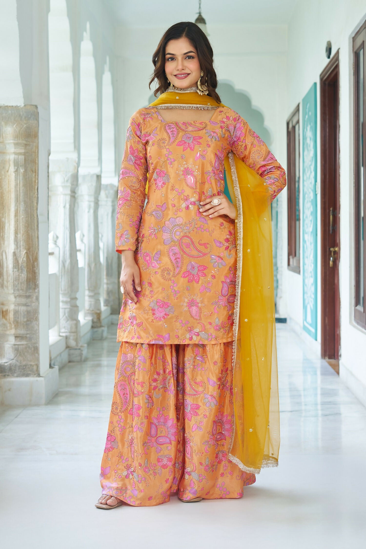 Joban Fashion Yellow Chinnon Embroidery Sequence Work Readymade Kurta Set - Distacart