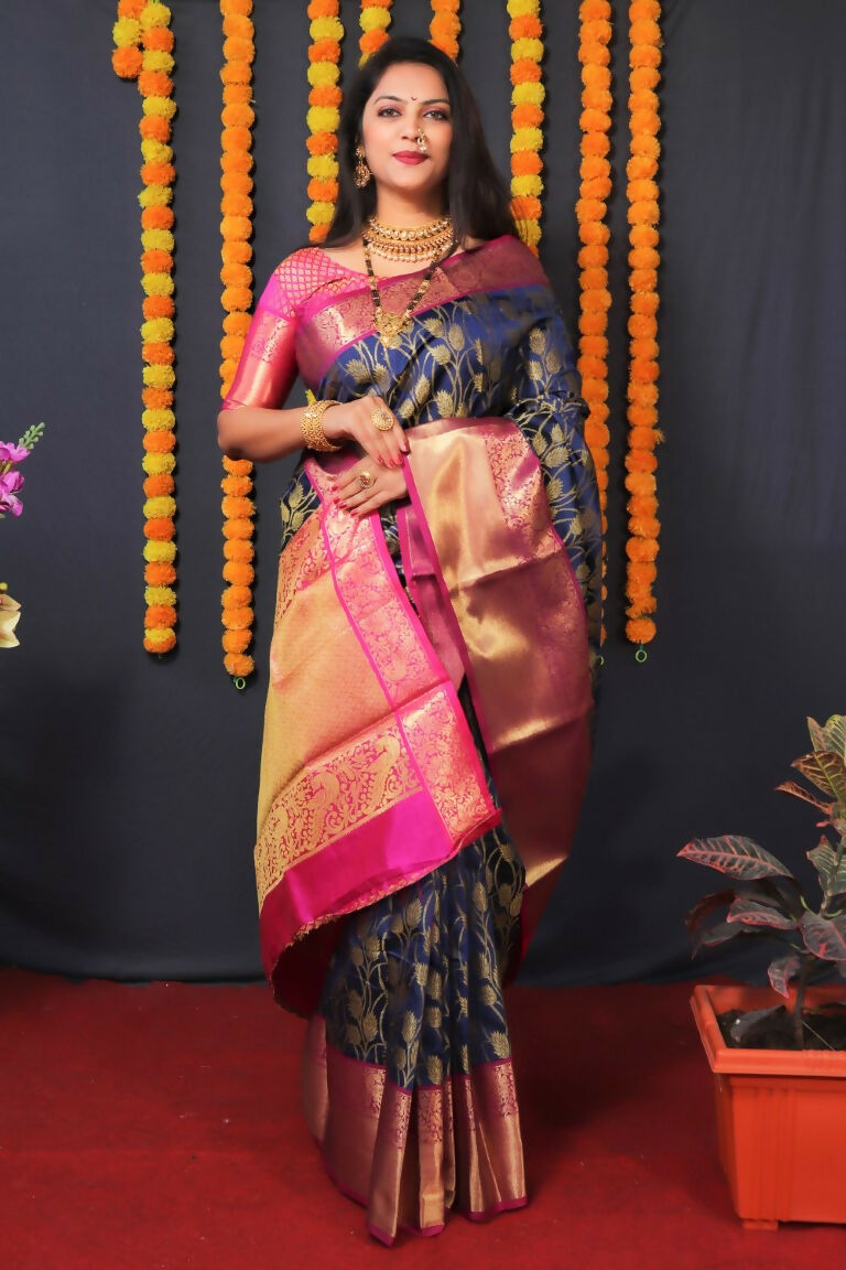 Jyoti Fashion Women's Navy Blue Kanjivaram Silk Zari Woven Saree with Blouse - Distacart