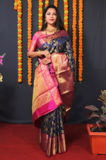 Thumbnail for Jyoti Fashion Women's Navy Blue Kanjivaram Silk Zari Woven Saree with Blouse - Distacart