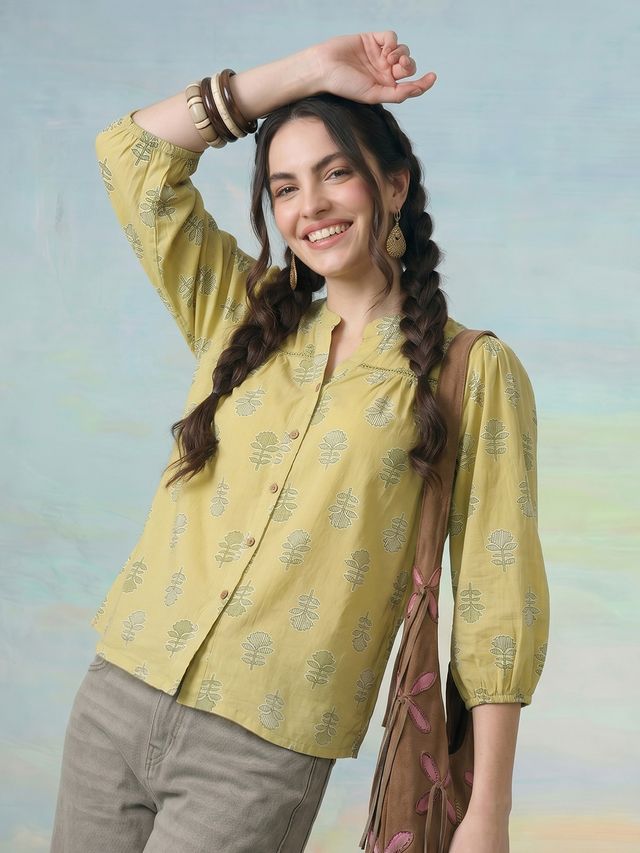 Janasya Lime Green Shirt Cotton Top - Dista