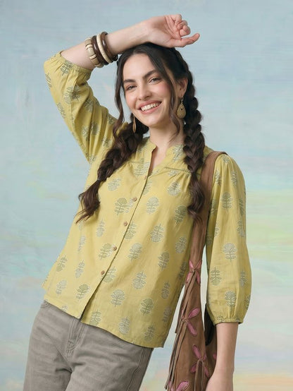 Janasya Lime Green Shirt Cotton Top - Dista