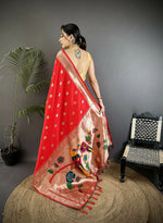 Thumbnail for Joban Fashion Red Peacock & Floral Motifs Soft Silk Kanchipuram Saree - Distacart