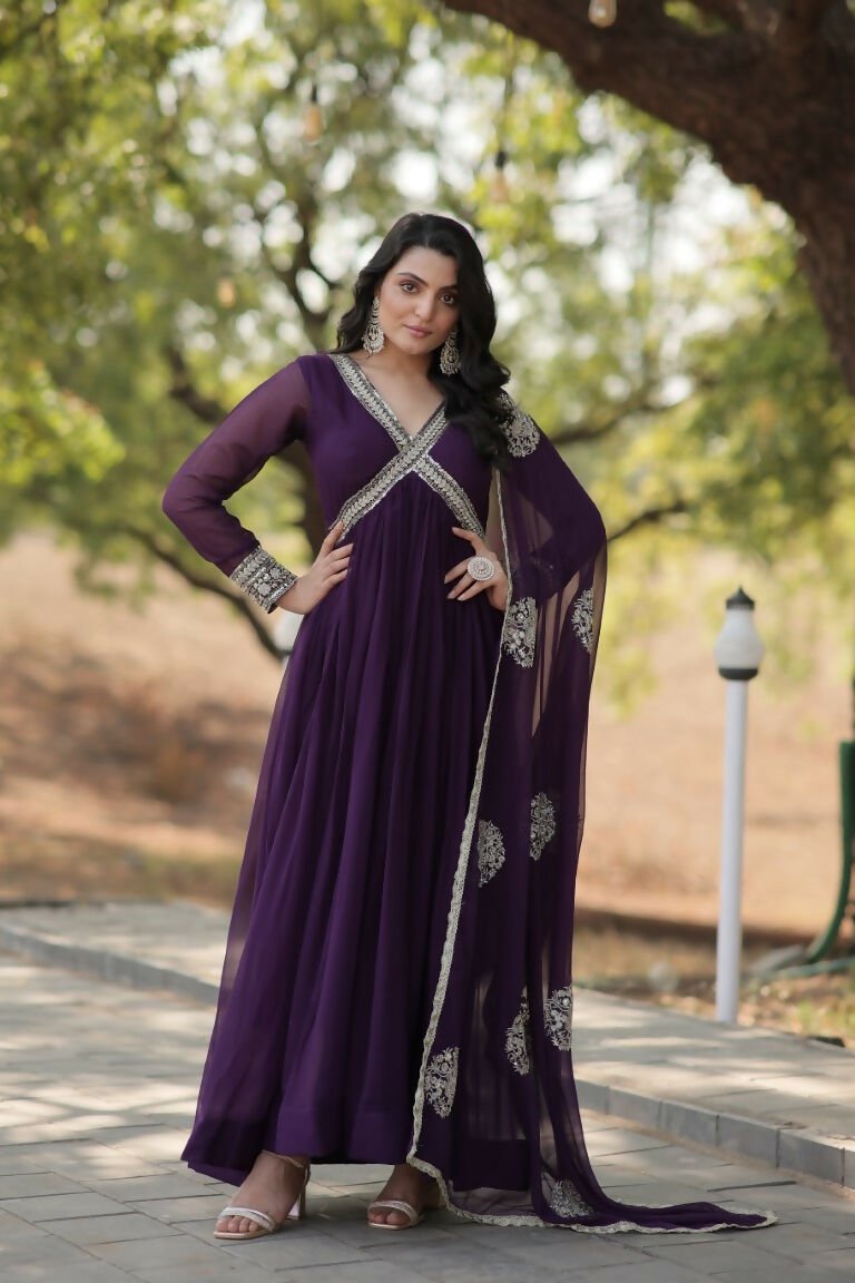 Aastha Fashion Women's Purple Faux Blooming Embroidery Zari Sequins-work Gown with Dupatta - Distacart