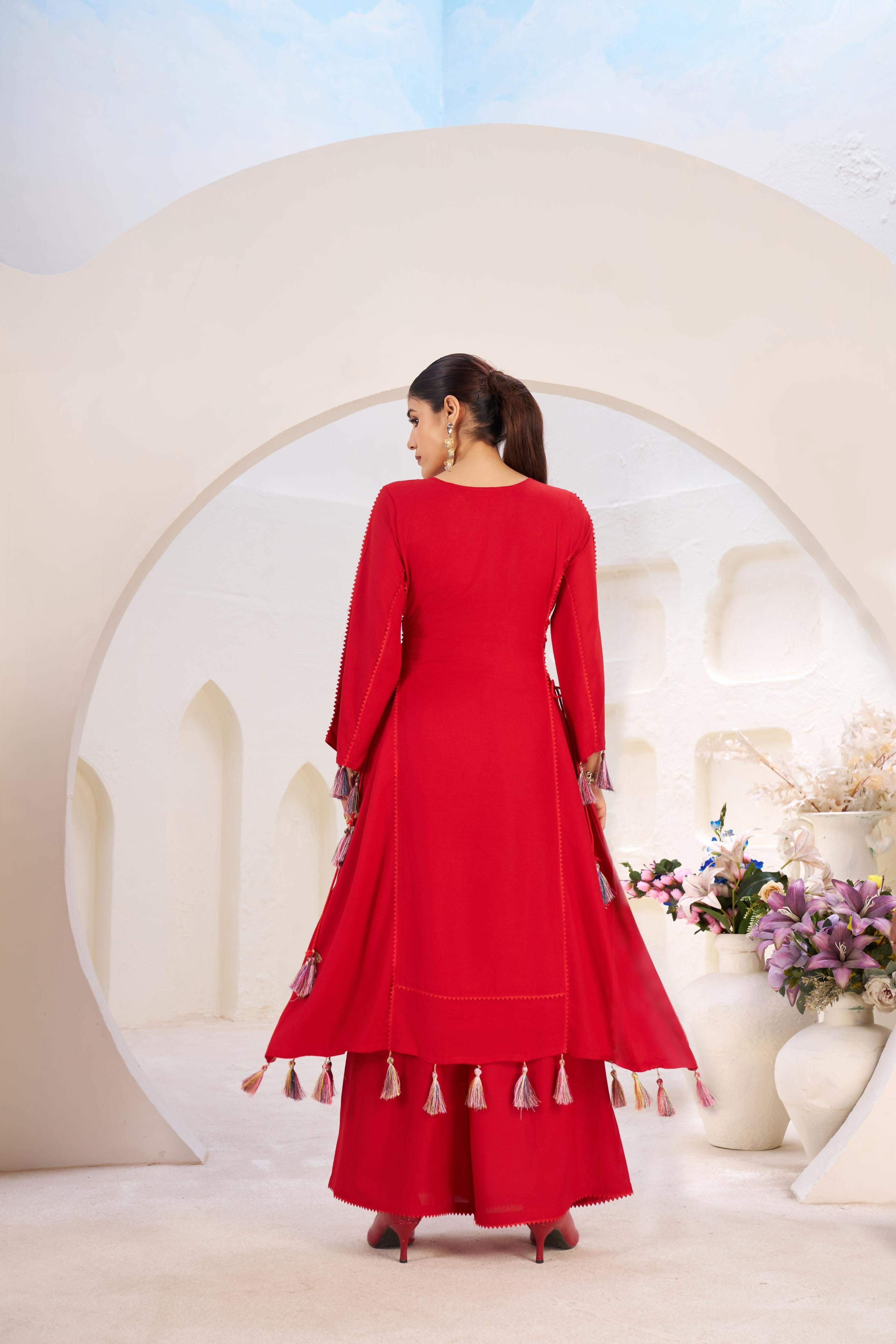 Joban Fashion red Palazzo Rayon Coding Dori with Sequence with Rivet Moti