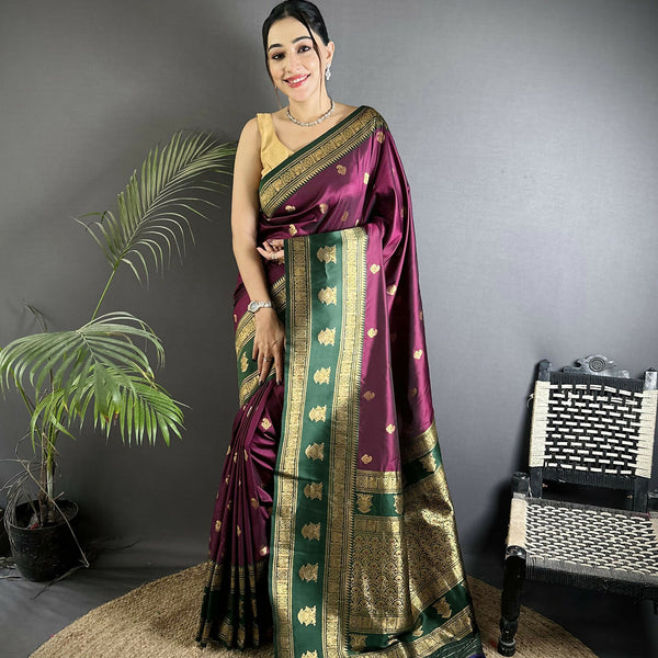 Joban Fashion Wine Banarasi Soft Silk Woven Butti Saree - Distacart