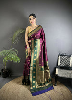 Thumbnail for Joban Fashion Wine Banarasi Soft Silk Woven Butti Saree - Distacart