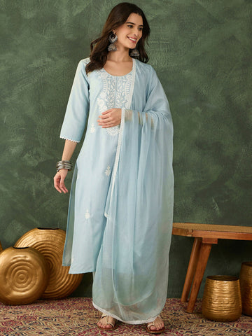The52 Women's Beautiful Thread Work Cotton Blend Fabric Straight Kurta Pant and Dupatta Set-Sky - Dista