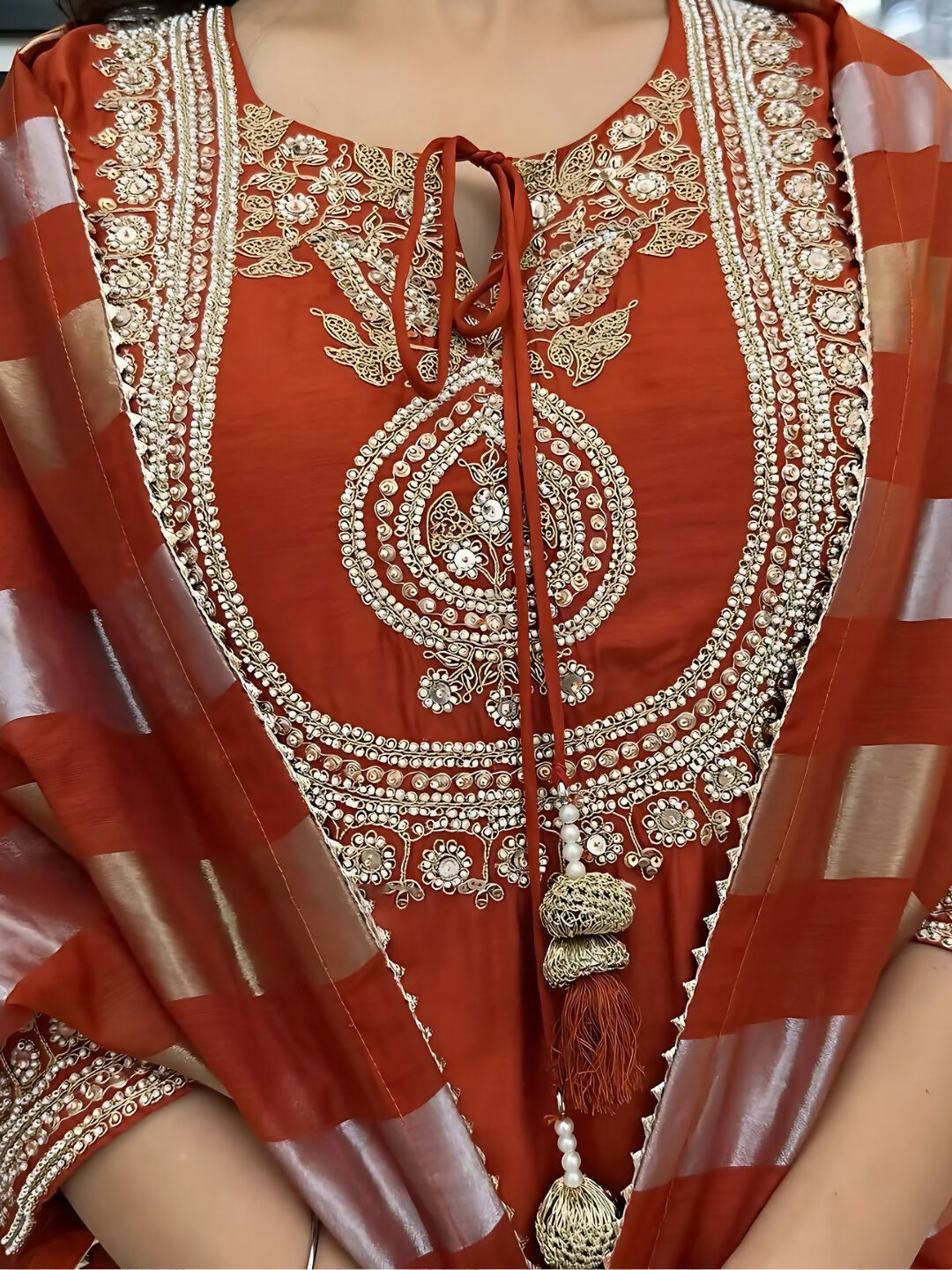 The52 Orange Women's Gorgeous Embroidered work Chanderi Fabric Straight Kurta, Pant and Dupatta Set - Distacart