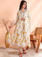 Thumbnail for Ode by House of Pataudi Thread Work Pure Cotton Anarkali Kurta with Trousers & Dupatta - Distacart