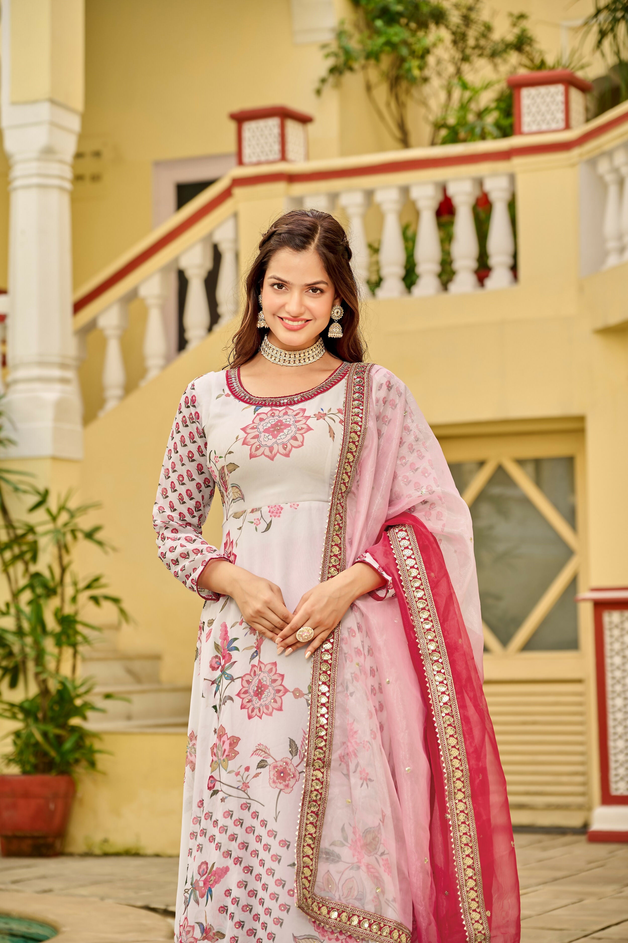 Joban Fashion Pink & White Georgette Embroidery Sequence Work Readymade Kurta Set - Distacart
