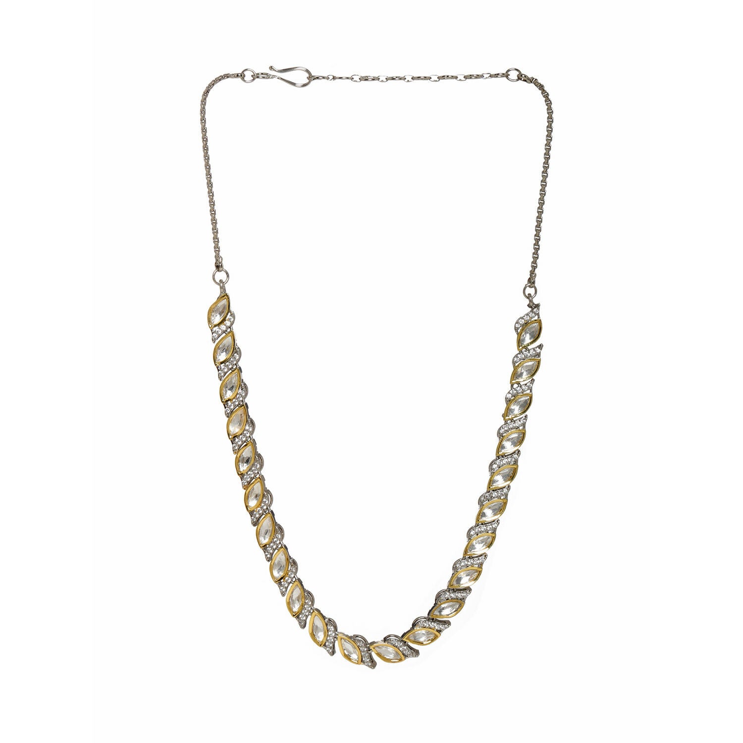 Leaf Shaped Neckpiece in Dual Tone Kundan and American Diamonds (Silver) - Ruby Raang - Distacart