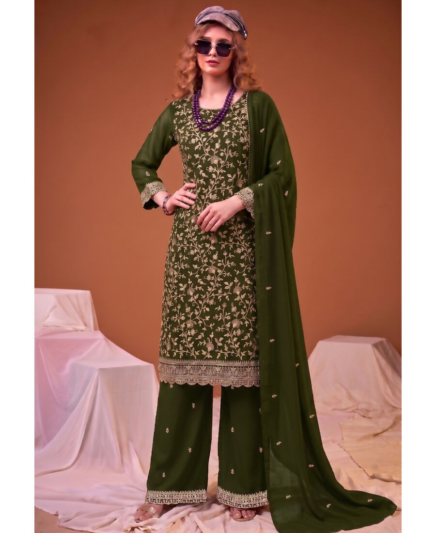 KC Mahendi Green Straight Suit For Women Georgette Fabric - Dista