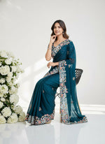 Thumbnail for Teeya Creation Womens New Fancy Embroidery Work Saree-Teal - Dista