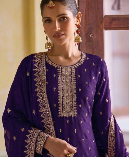 KC Purple Georgette Straight Suit With Heavy Embroidery - Dista