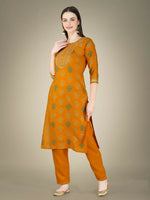 Thumbnail for Jyoti Fashion Women's Yellow Cotton Magic Slub Embroidery & Sequence work Kurta with Trouser & Dupatta - Distacart