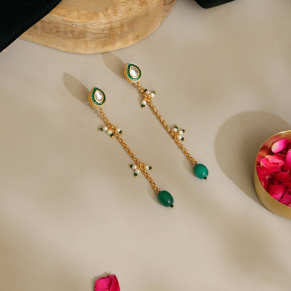 Ruby Raang Green Long Kundan Dangler Earrings