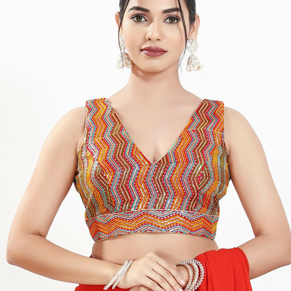 Joban Fashion Red Multi Silk Padded Blouse With V Neck Sleeveless - Distacart