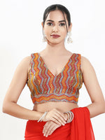Thumbnail for Joban Fashion Red Multi Silk Padded Blouse With V Neck Sleeveless - Distacart