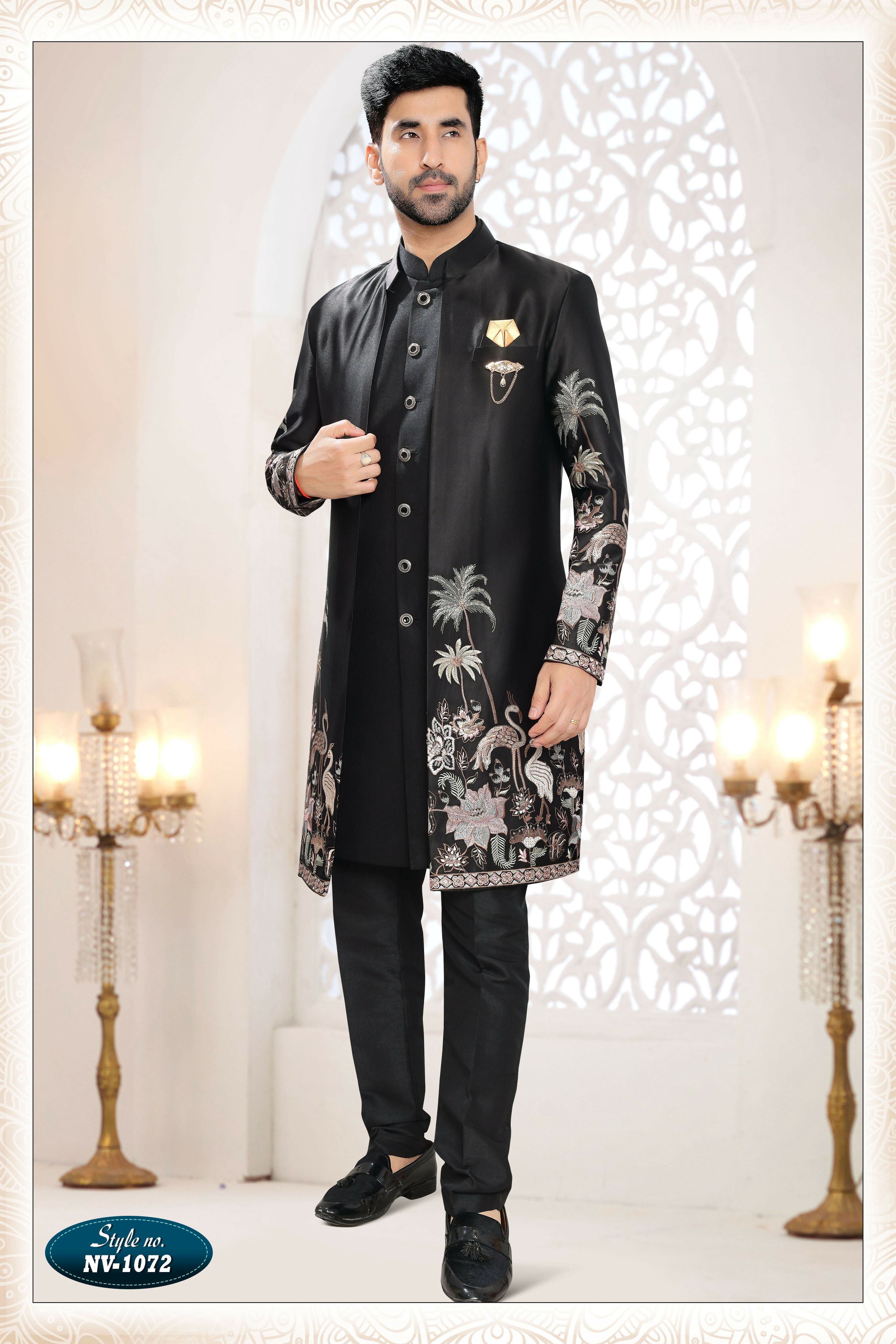 Joban Fashion Men's Black Straight Malai Silk Thread And Sequence Embroidery All Over 3 Pc Kurta Set - Distacart