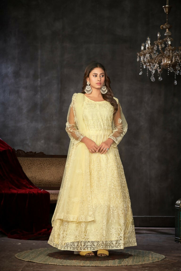 Jyoti Fashion Women's Cream Net Embroidered Anarkali Kurta Pant Set With Dupatta - Distacart