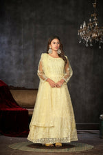 Thumbnail for Jyoti Fashion Women's Cream Net Embroidered Anarkali Kurta Pant Set With Dupatta - Distacart