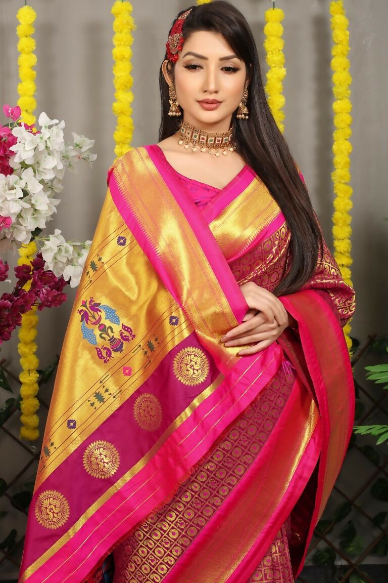 Jyoti Fashion Women's Magenta Banarasi Silk Zari Woven Saree with Blouse - Distacart