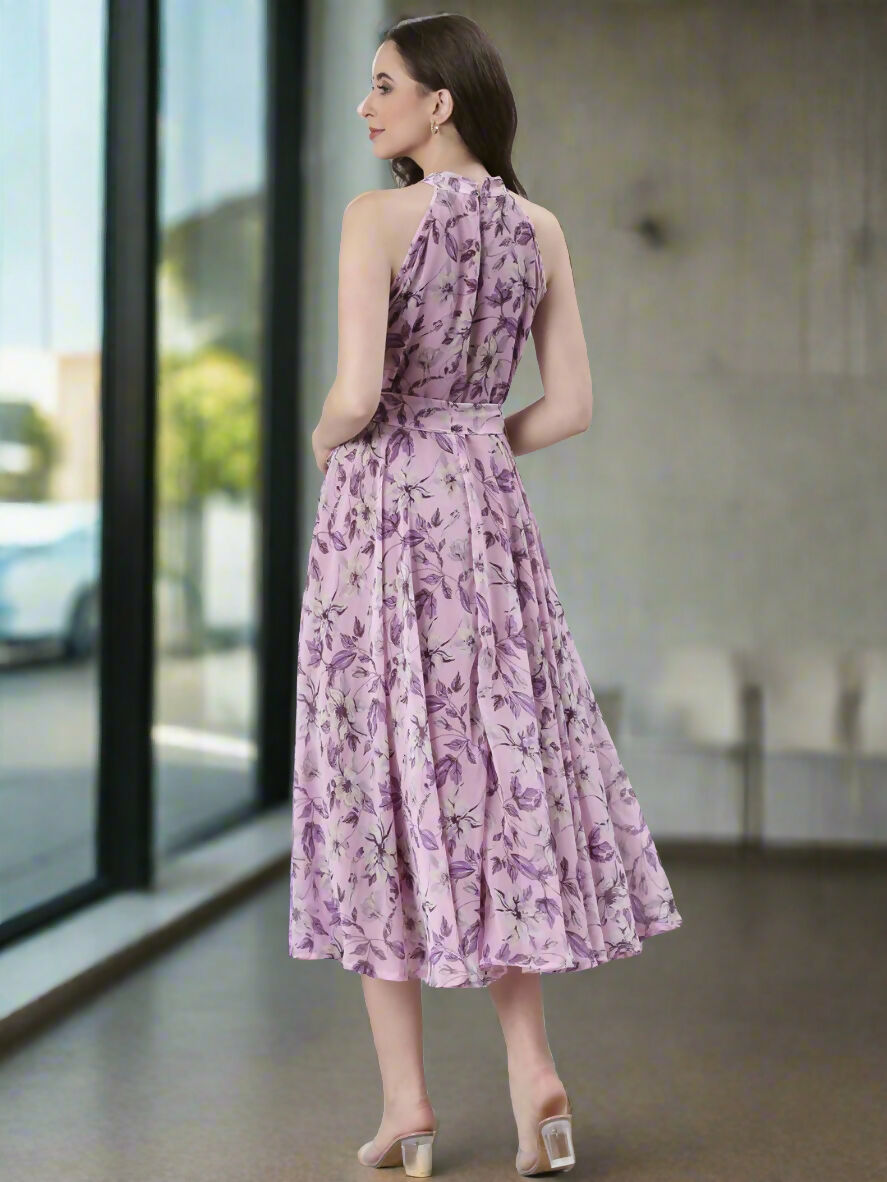 Souchii Lavender Floral Chiffon Dress -Souchii